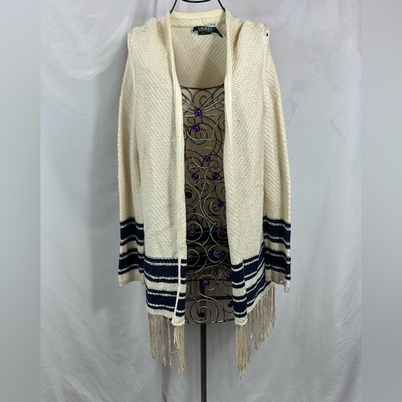 Lauren Ralph Lauren cream fringe hem cardigan size L - Picture 1 of 10